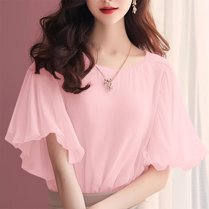 

ZANZEA Женская повседневная блузка с круглым вырезом, рукавами-рюшами, свободного кроя, однотонная 4XL розовый