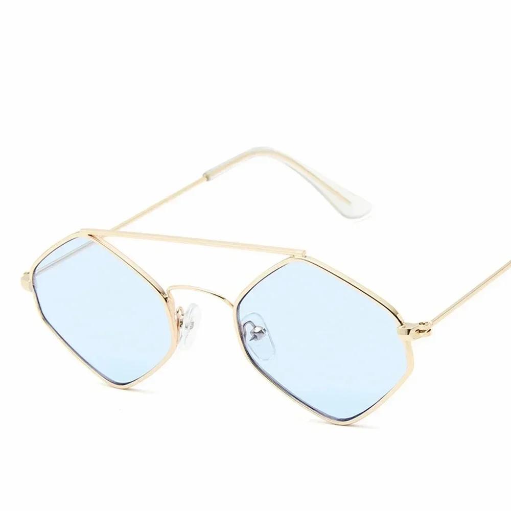 Vintage Polygonal Ocean Sunglasses For Women With Retro Metal Frame And Double Beam Design