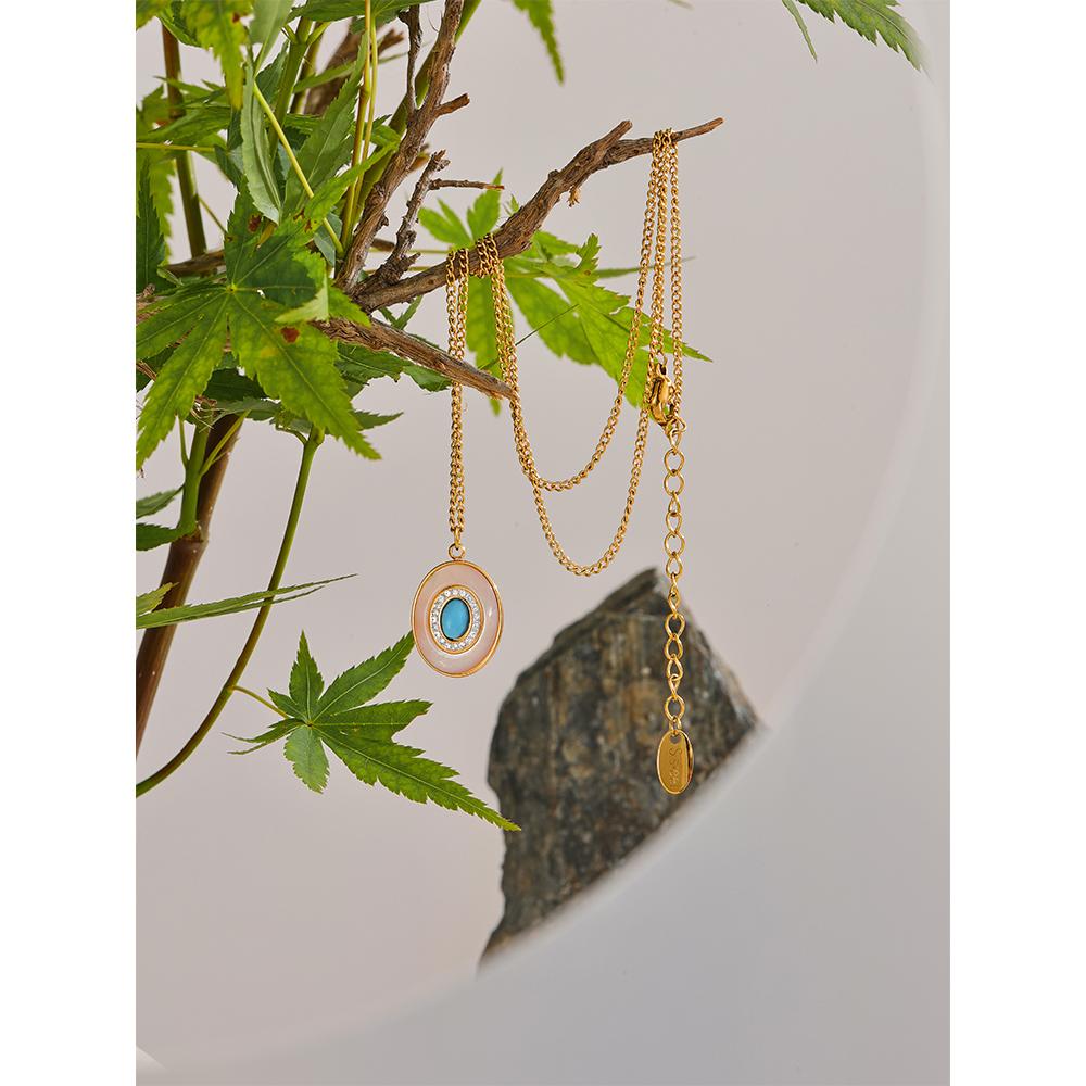 Yhpup Fashion Natural Shell Stone Cubic Zircon Chic Pendant Necklace Vintage Stainless Steel Waterproof Luxury Jewelry Gift