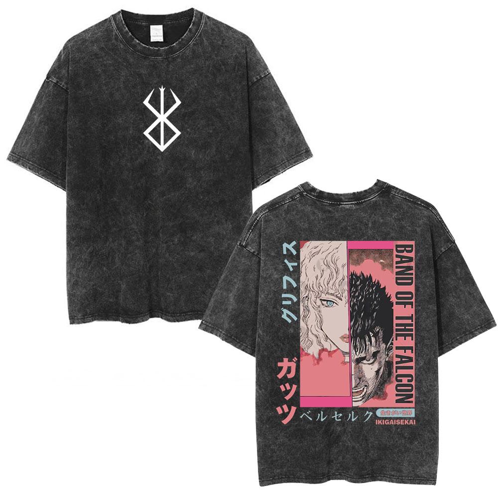 Japanese Anime Berserk Guts Vintage Washed T Shirt Griffith Swordsman Gatsu Sacrifice Zodd T-shirts Unisex Cotton Casual T-Shirt