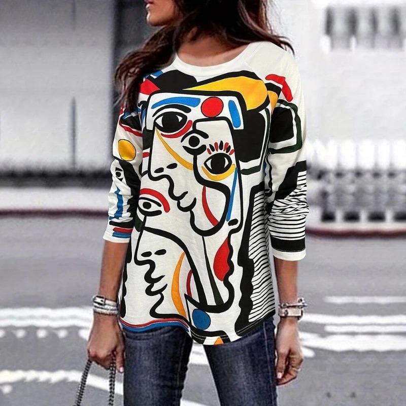 Graffiti 3d Printing Autumn Long Sleeve T-Shirt For Women Elegant Round Neck Casual Female Oversize Top Vintage Clothes