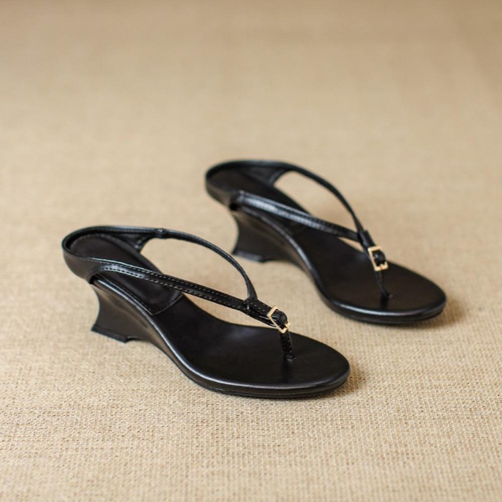 Damen Pantoffeln Sommer Außen Neu Keilabsatz Flip-Flops Damen Leder Retro Zehensandalen Damen Hohe Absätze Pantoffeln 6cm