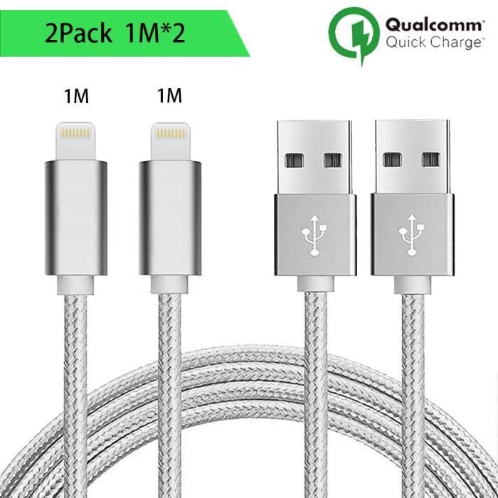 Câble Chargeur pour iPhone - MARQUE - Lot de 2 - 1M - Nylon Argenté - Compatible iPhone 5 à 11 Pro Max