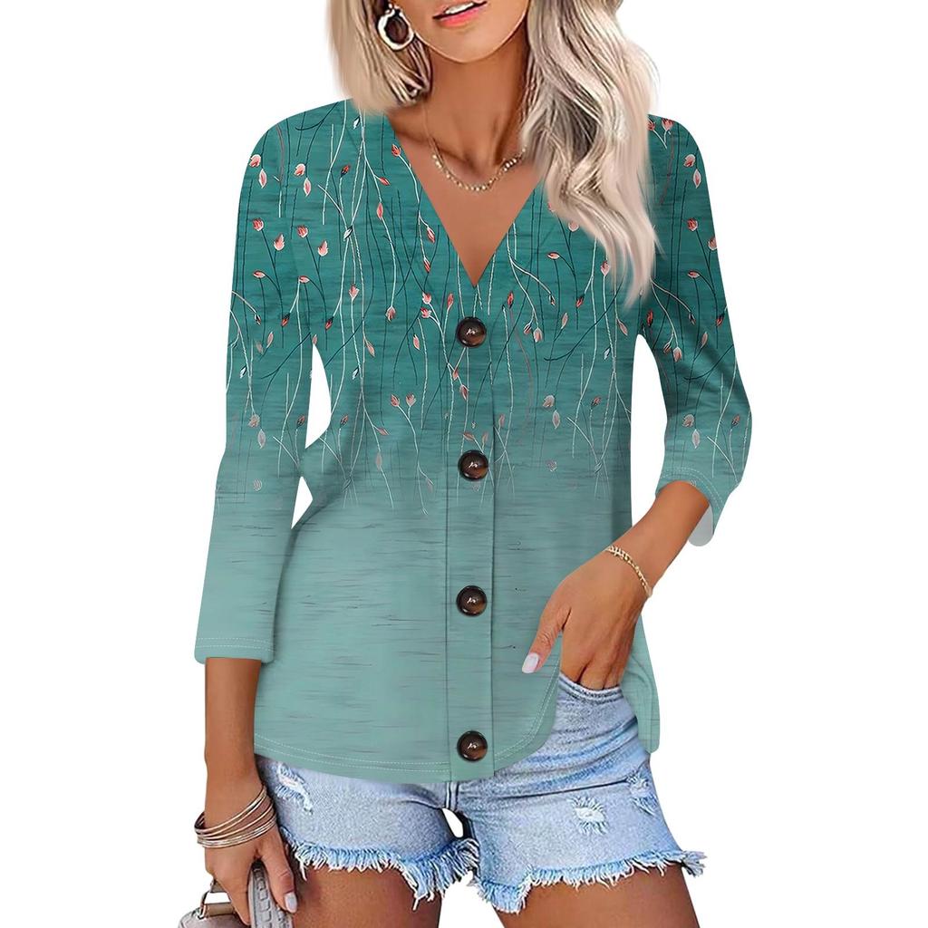 Women's Fashion Casual  Print Button-Down Shirt Three-quarter Sleeve Cardigan Top