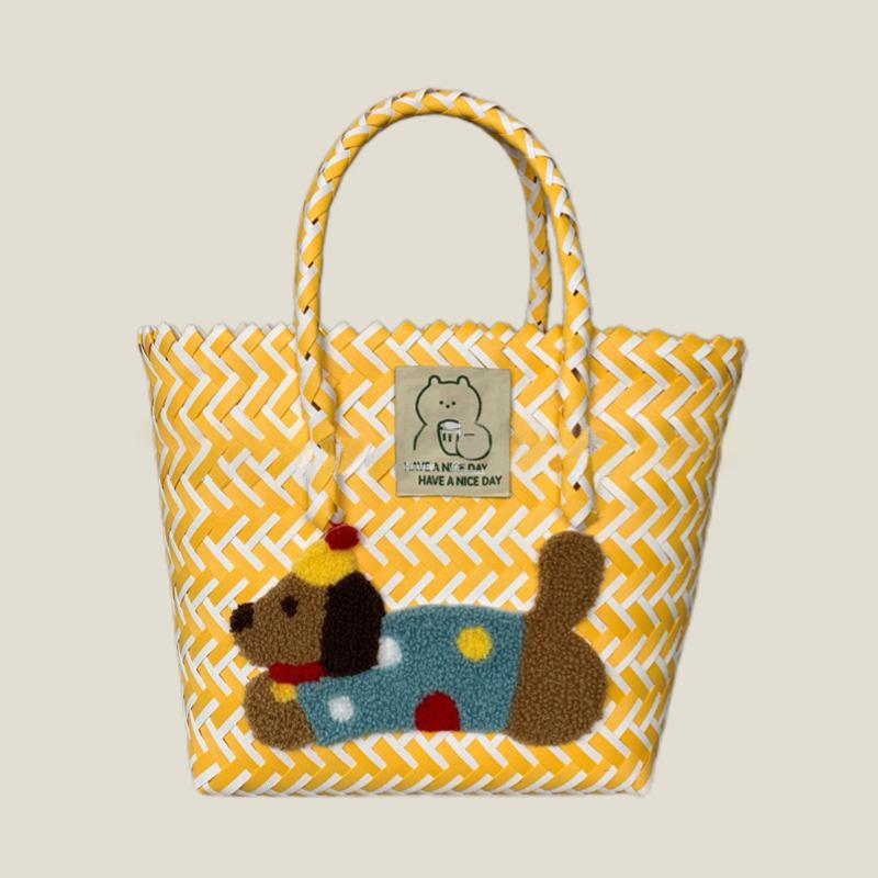 Retro Striped Dachshund Dog Woven Bag Trendy Cute Handbag Large Capacity Tote Bag  Bamboo Handle Vegetable Basket Bag