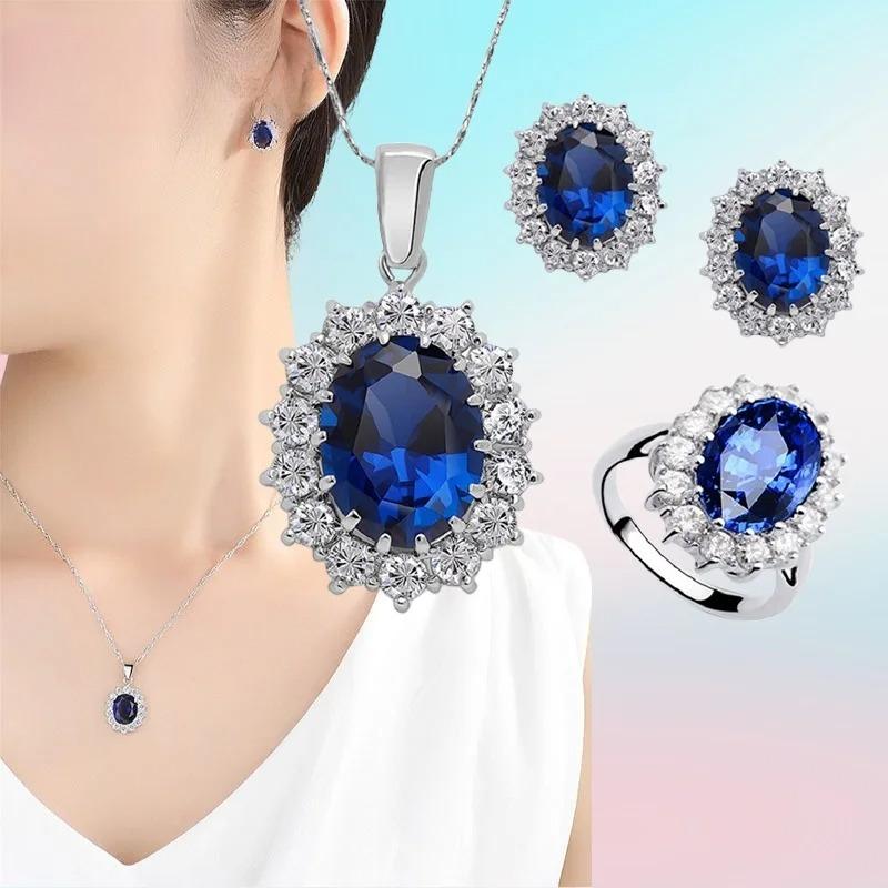 Authentic 925 Sterling Silver Plated Women Wedding Engagement Jewelry Collections Princess Oval Zircon Crystal Necklace Earrings Ring