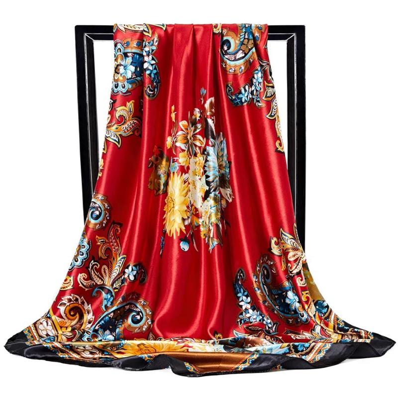 Fashion Scarves For Women Print Silk Satin Head Scarf Female 90cmx90cm Luxury Brand Square Shawl Large Hijab Scarfs For Ladies