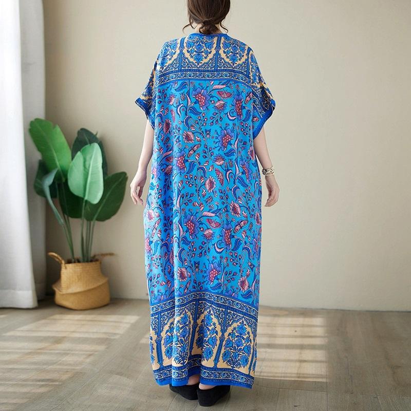 Krátký rukáv Plus Size Bavlna Satén Vintage Květinové Nové v Šatech pro Ženy Ležérní Volné Dlouhé Letní Šaty