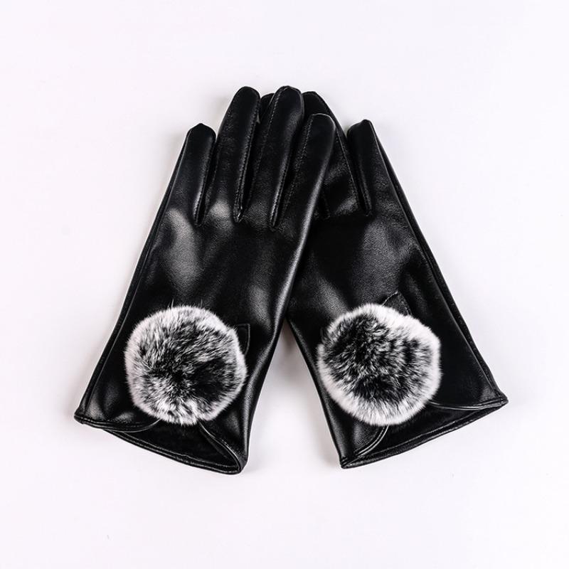 

Осенне-зимние теплые перчатки женские с кроличьим помпоном, утолщенные и на флисе, ветрозащитные, модные и милые, велосипедные кожаные перчатки с сенсорным экраном one size fits all чёрный