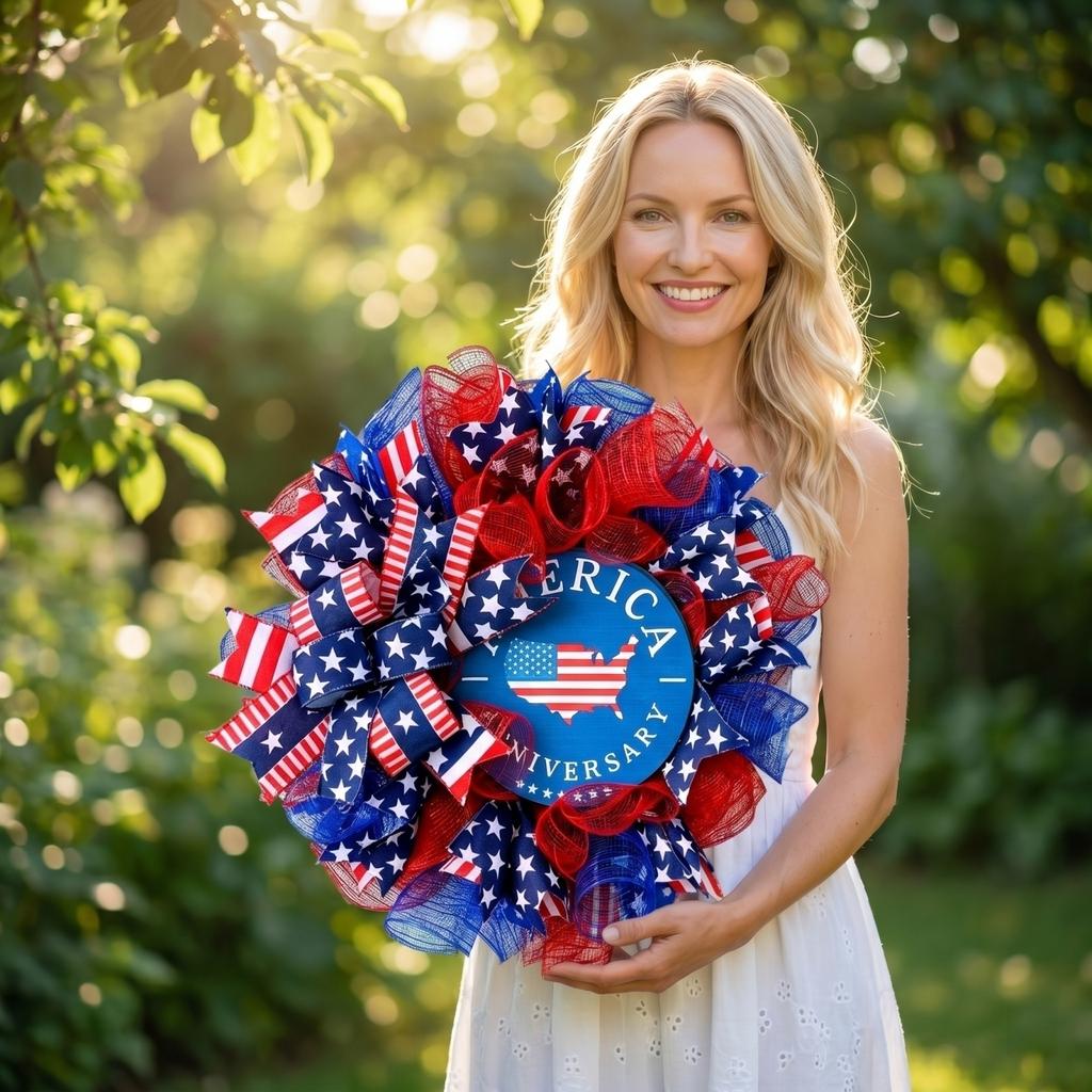 40CM Decorative Mesh Wreath for Door Window Home Holiday Entrance Patriotic Theme American Flag Pattern Anniversary Party Decor