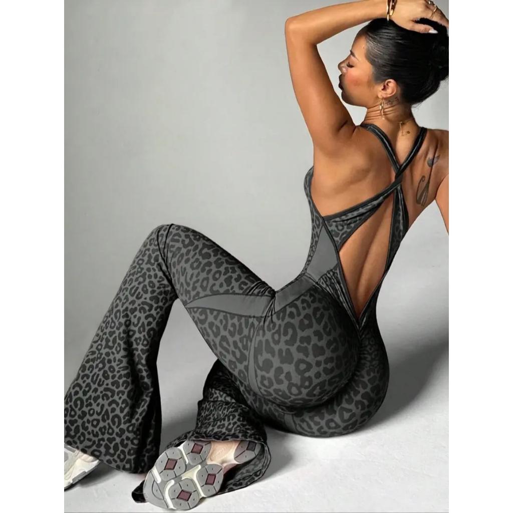 Neuer Jumpsuit mit Kreuzrücken und Leopardenmuster, ausgestellte Hosen, nahtlose Yogahose für den täglichen Gebrauch und Outdoor-Sportarten