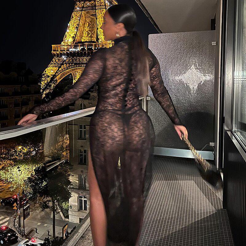 

Женское кружевное платье с длинными рукавами и высоким разрезом, сексуальное прозрачное платье L чёрный