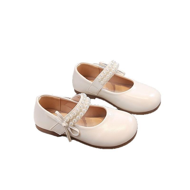 Little Girls Leather Shoes Soft Kids Mary Janes with Beading Beaded Chic Princess Sweet Simple Children Flats White for Wedding