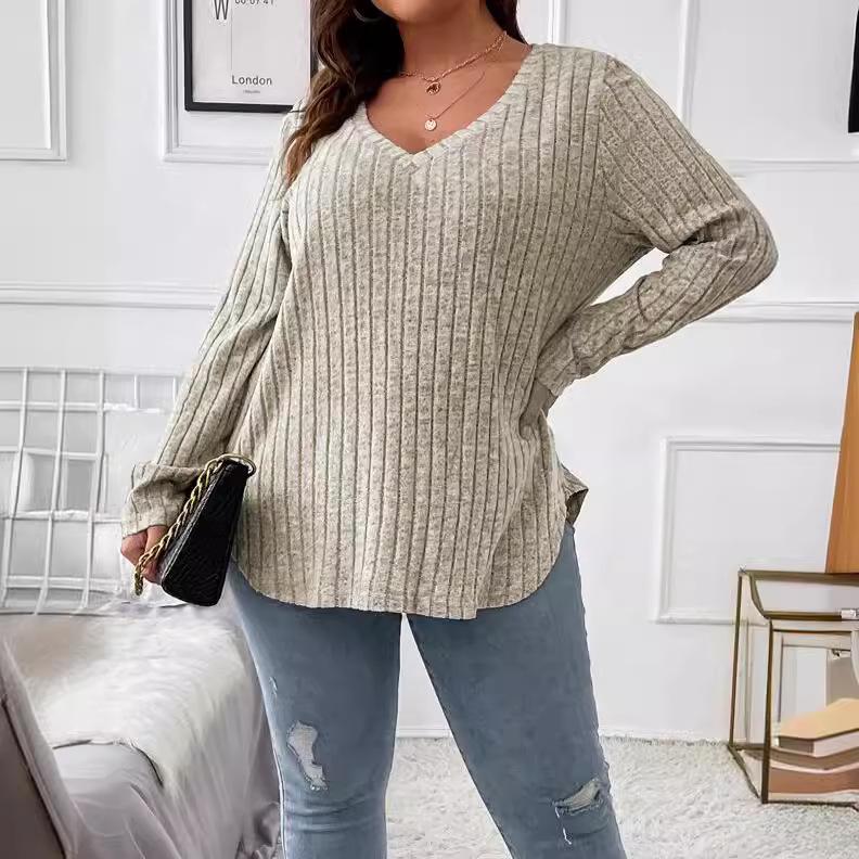2025 Autumn/Winter Plus Size Women's V-Neck Long Sleeve Ribbed Loose Top