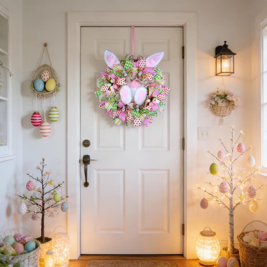 35cm Easter Wreath Fabric Bunny Door Hanging Wreath Linen Bow Door Decoration