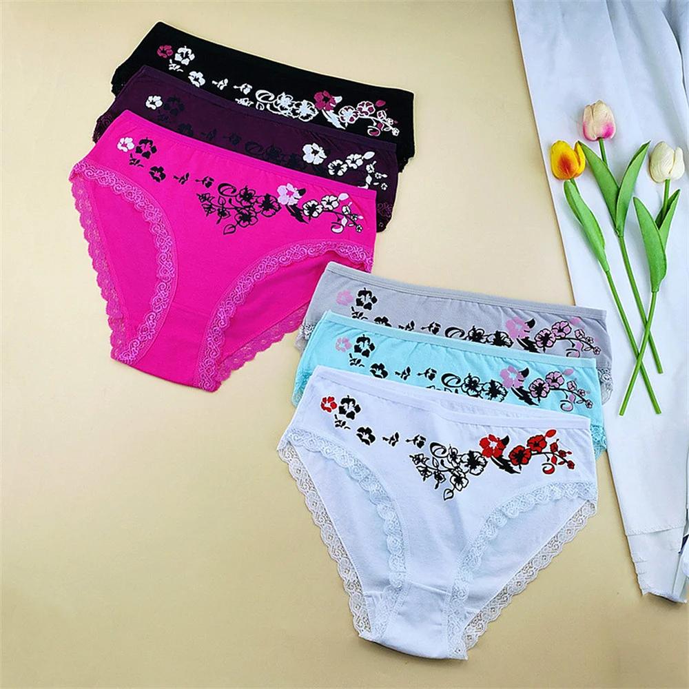 6 Pieces Floral Printed Women's Plus Size Cotton Underwear Comfortable Ladies Soft Briefs Breathable Mother Panties