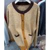 New autumn and winter retro stripes contrasting color design sense long camel hair knitted cardigan pocket sweater jacket women