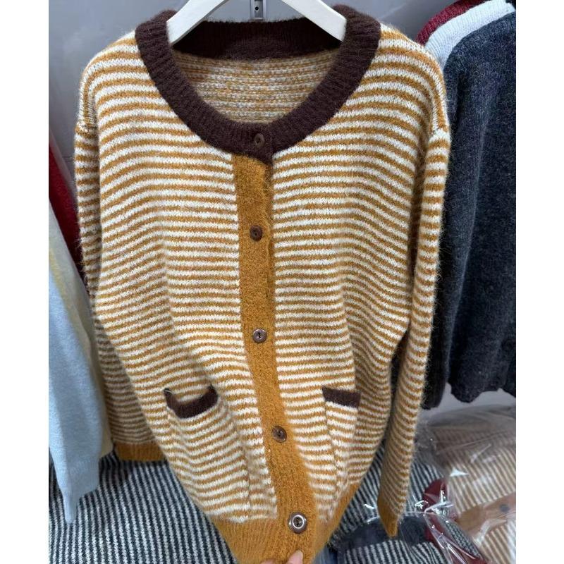 New Autumn and Winter Retro Stripes Contrasting Color Design Sense Long Camel Hair Knitted Cardigan Pocket Sweater Jacket Women