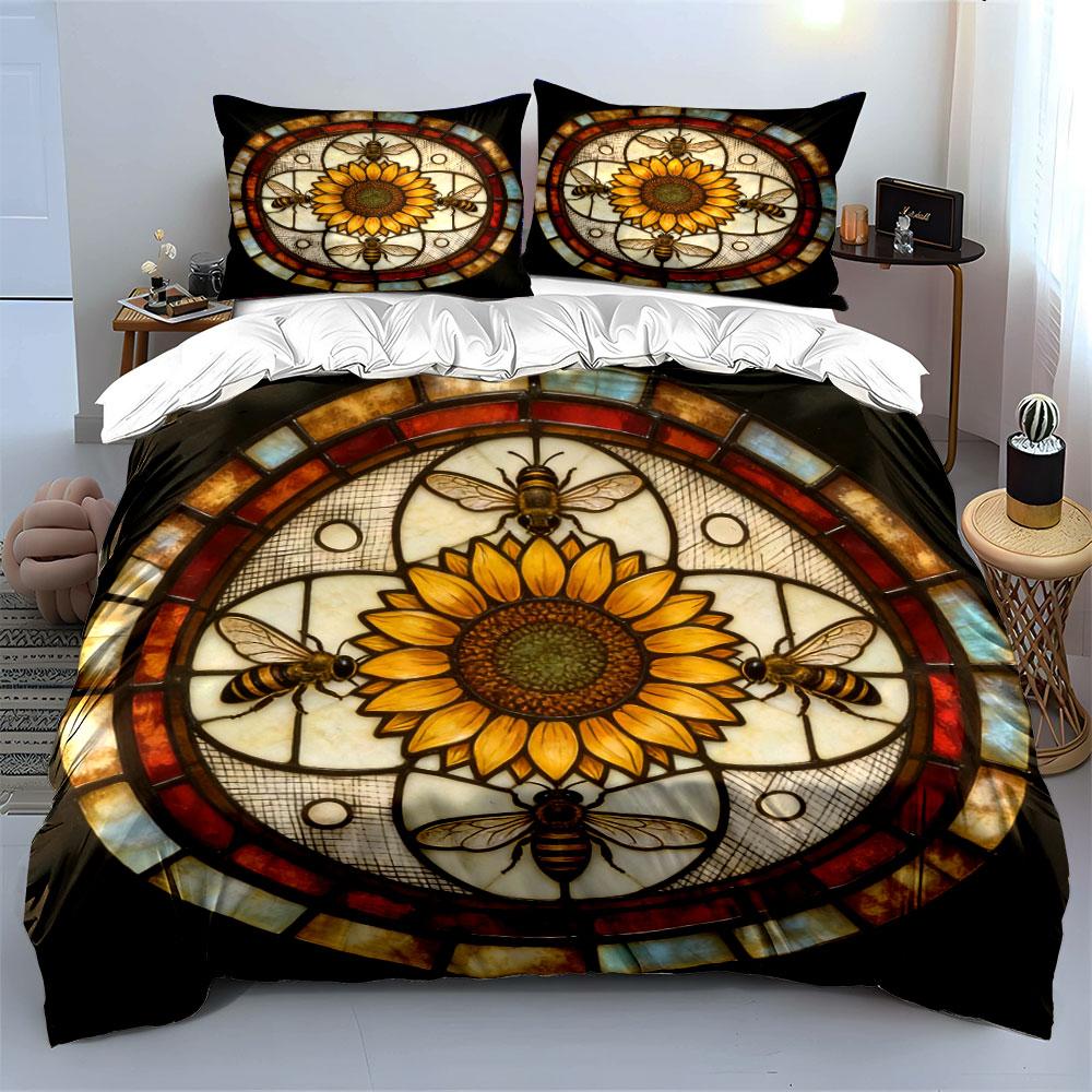 Sunflower Bee Design Decor Set Soft Comfortable Duvet Cover Bedding Set Included 1*Duvet Cover & 2*Pillowcases, Gift