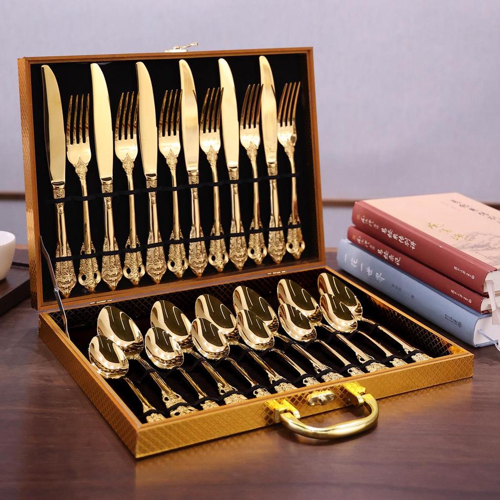 European Style Stainless Steel Embossed Cutlery Set - 24-Piece Gift Box with Steak Knife and Fork.