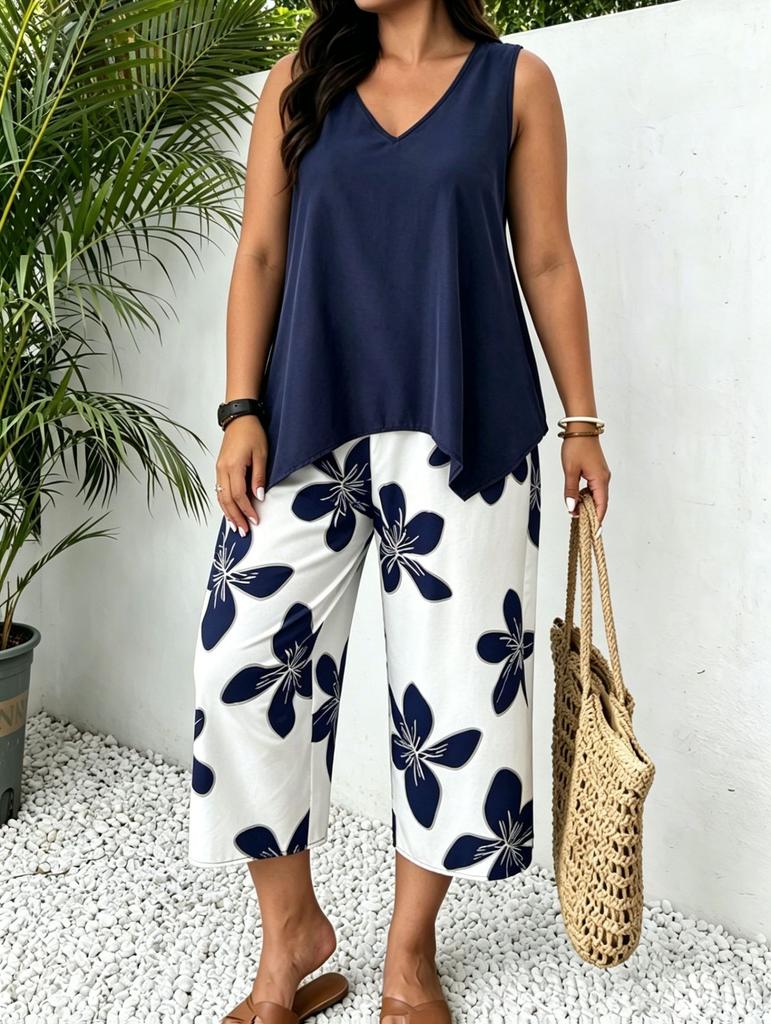 European and American cross-border TK Amazon Temu hot sale 2026 summer sleeveless V-neck top wide-leg cropped pants two-piece set