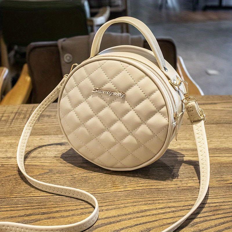 XYKK01 Argyle Geknoopte Ronde Tas, Crossbody Tas met Letterdecoratie, Cirkelvormige Handtas met Bovenhandvat Voor Dames gebroken witte kleur