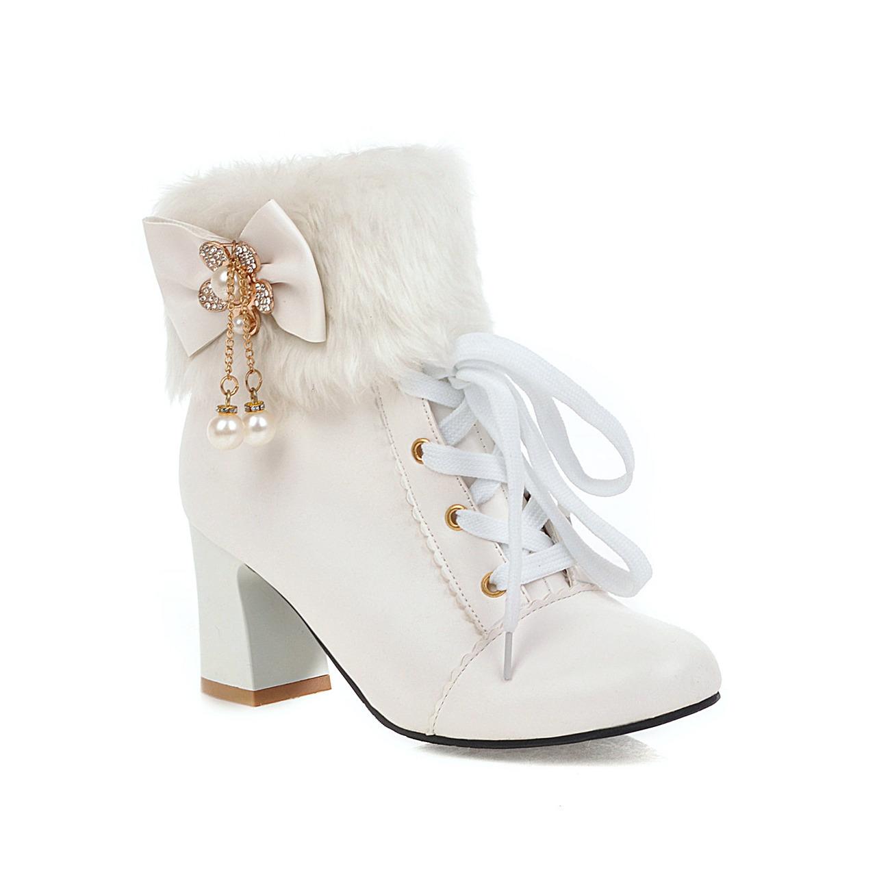 New shoes booties front lace-up decorations small size women s boots flowers large size outer block heel women s boot hair 34 белый 4319₽