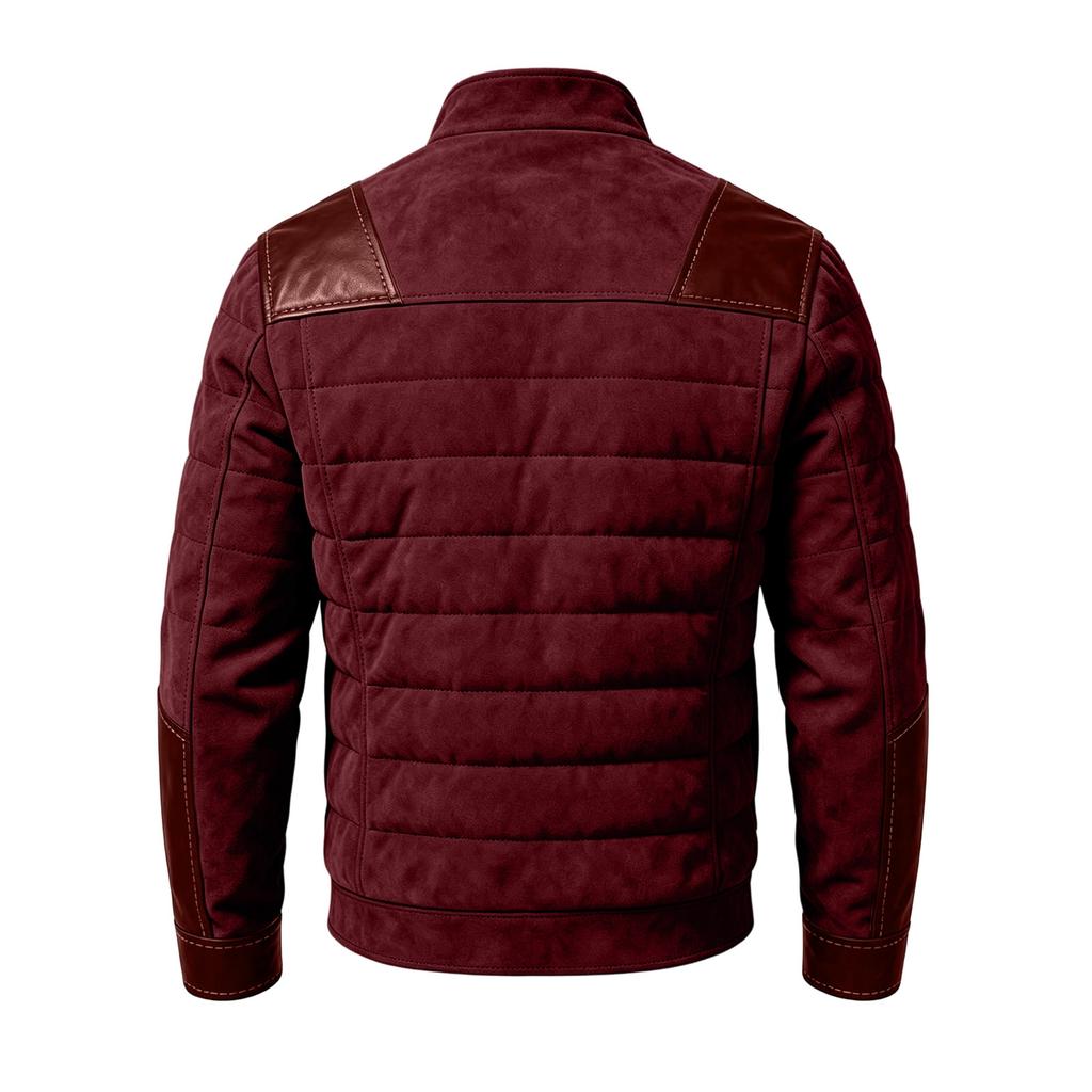 Herren Casual Warme Steppjacke mit Leder-Patchwork, Stehkragen, Reißverschluss