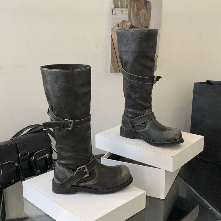 2025 Autumn and Winter New Korean Version Wide Tube Leather Thick Sole High Short Tube Two-wear Boots Women's Pile Boots Women's Knight Boots