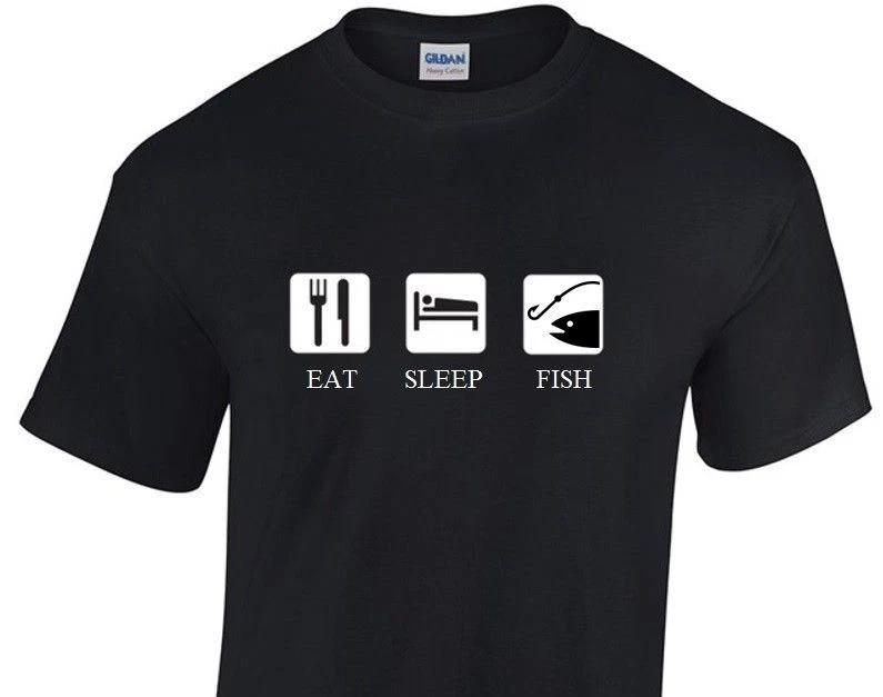 EAT SLEEP Fish T-Shirt Boat Fisherman Ocean Deep Sea Funny Mens Cotton T-Shirt S