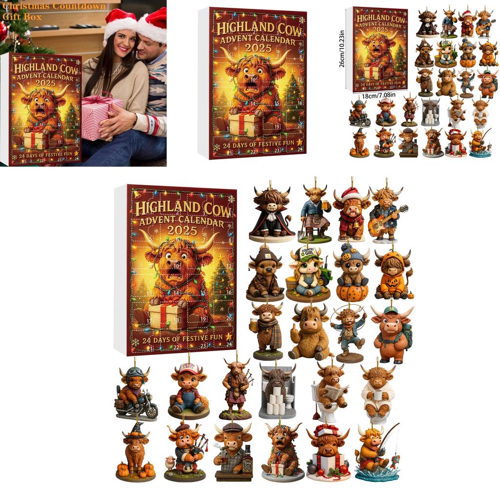 Highland Cattle Christmas Advent Calendar Acrylic Hanging Decorations For Holiday Party Gifts
