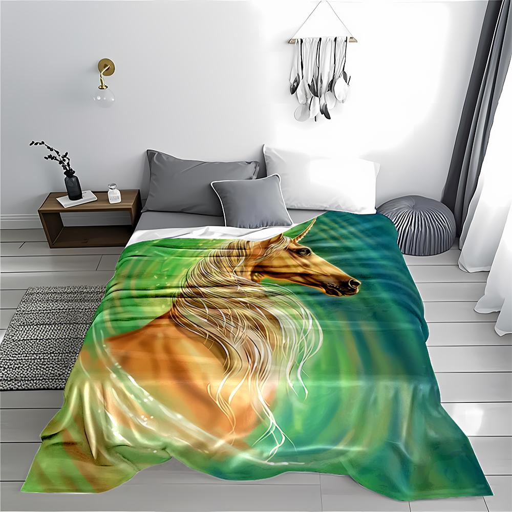 Majestic Golden Unicorn Pattern blanket with Green Swirling Background blanket, suitable for use in the bedroom, living room, on the sofa