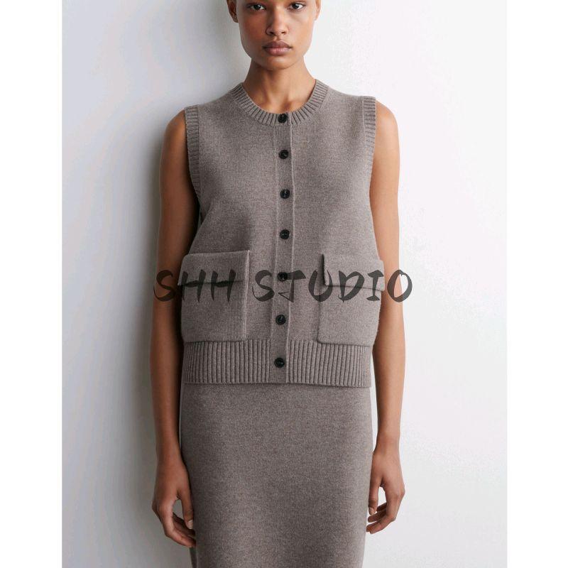 CS Autumn New Women's Clothing American Round Neck Sleeveless Sweater Vest Wool Blended Button Vest 1293442