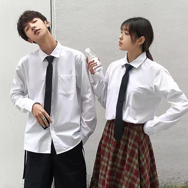 Long Sleeve Pocket Shirt Boys College Style Tie Graduation Class Uniform White Top Shirt Men's Student Couple Clothing
