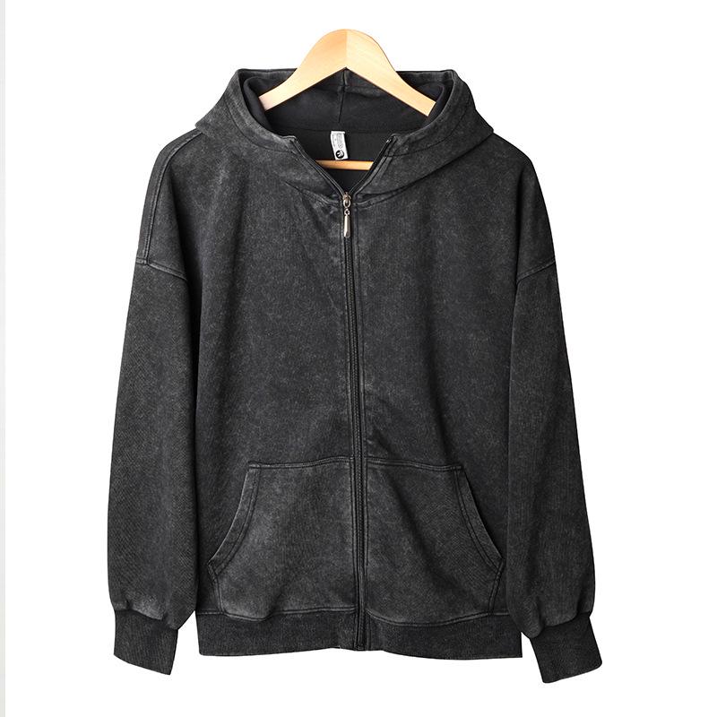 Unisex Vintage Batik Zipper Hoodie, European 350g, American Style, Heavy-Weight, Water-Washed for Autumn/Winter Extra Large чёрный