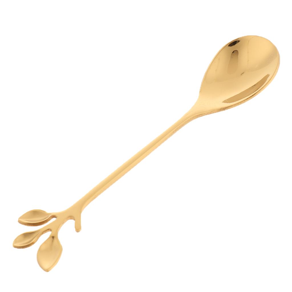 Titanium Colorful Plated Stainless Steel Spoon Dessert Fruit Mixing Elegant Leaf Pattern Flatware for Cafes