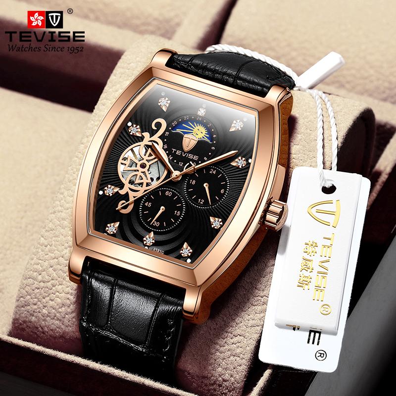 Fashion Top Brand Men's Mechanical Watch Tevise 8383c Business Waterproof Automatic Carved Hollow Window Moon Phase Zircon