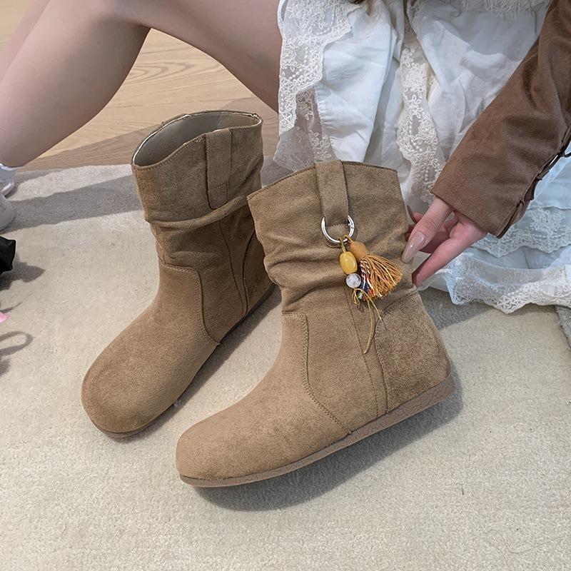 Retro ethnic small pendant small short boots women's new autumn and winter sleeve round head stacking boots slim Martin boots