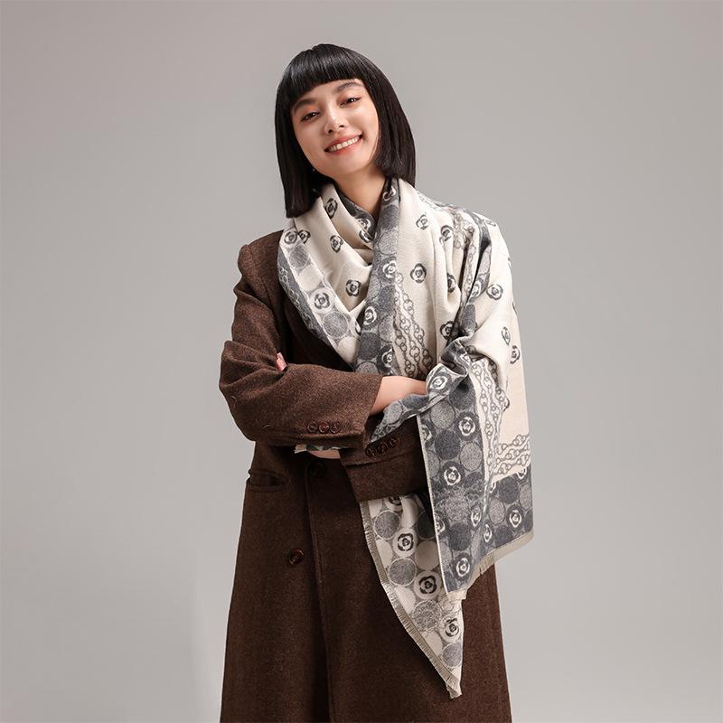 Imitation cashmere scarf girl style simple camellia printing double-sided soft breathable advanced sense