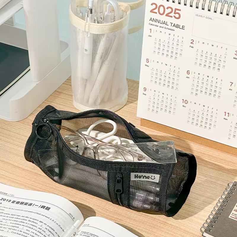 Minimalist Transparent Mesh Pencil Case Large Capacity Flip-Top Solid Color Pen Holder Portable Stationery Storage Bag