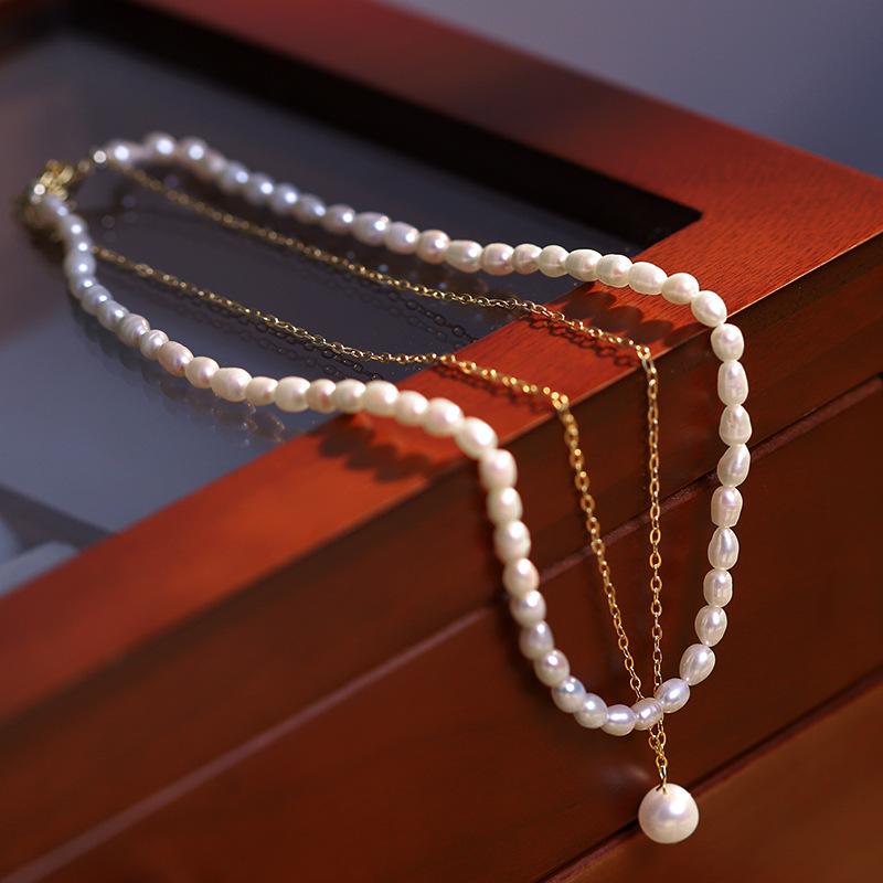 Double Rice Grain Freshwater Pearl Necklace Titanium Steel Baroque Pearl Water Drop Neck Chain Temperament Clavicle Chain