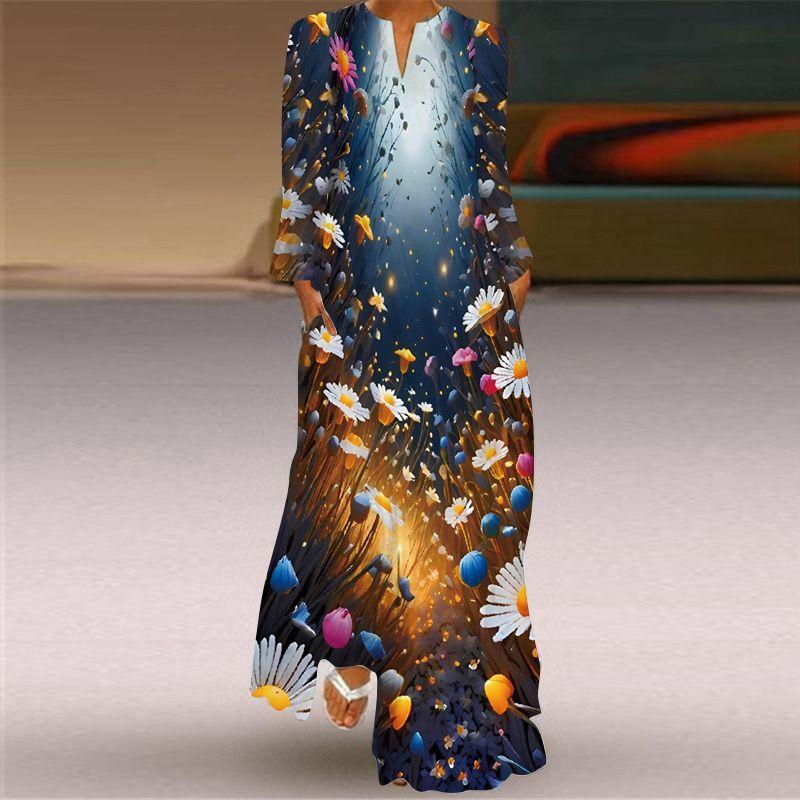 Long Sleeve Dress Classical Beauty Pattern Print Dress Stage Show Performance Wear Travel Photography Clothes