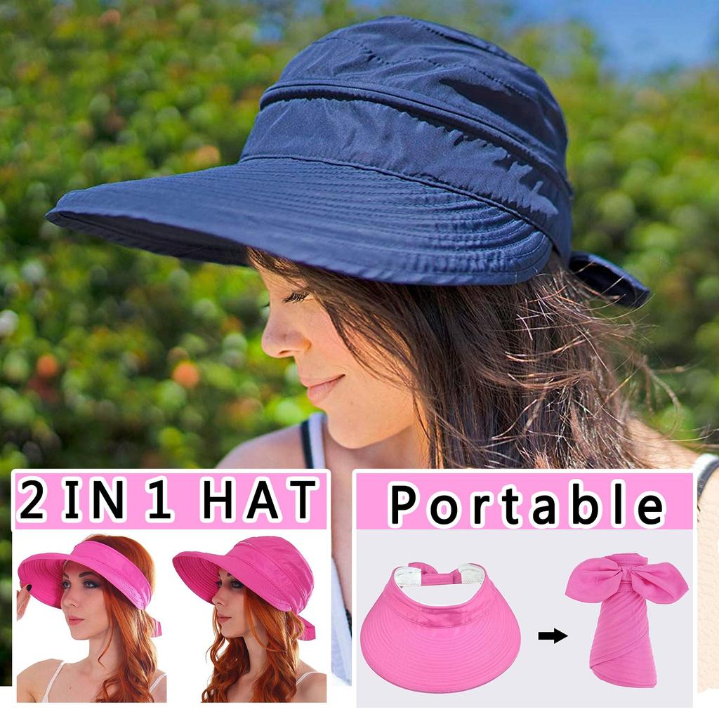 Women's Sun Hat Outdoor Travel Bowknot Empty Top Hat Detachable Beach Sun Hat