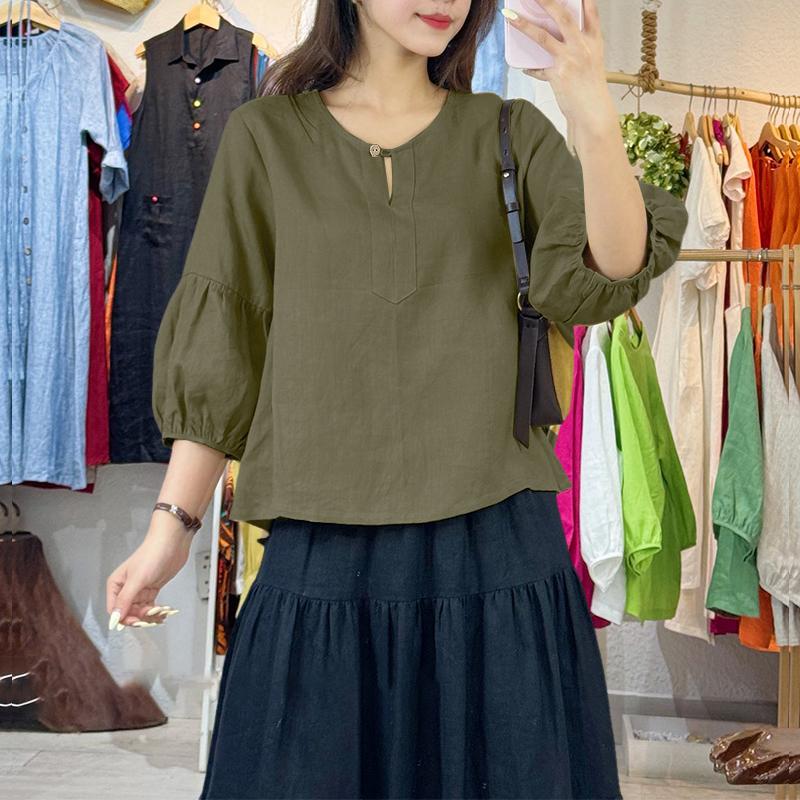 ZANZEA Women Casual Round Neck Solid Color 3/4 Sleeve Blouse