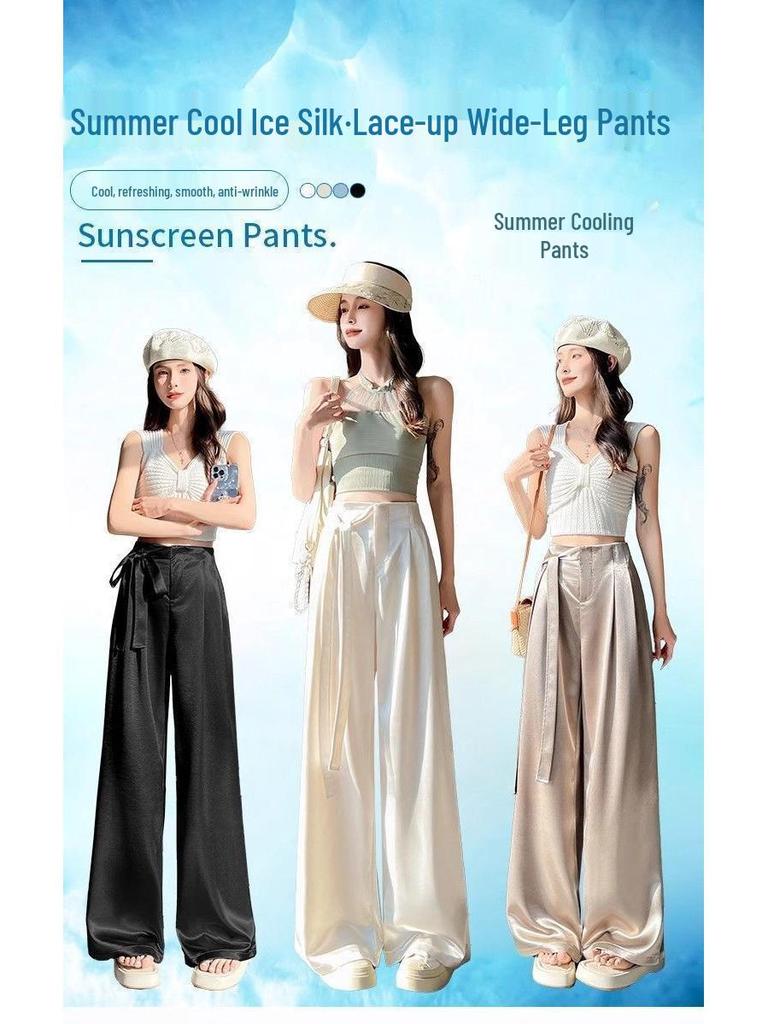 Women's Summer Acetate Satin Wide-Leg High-Waisted Pants with Tie-Up and Drape Design