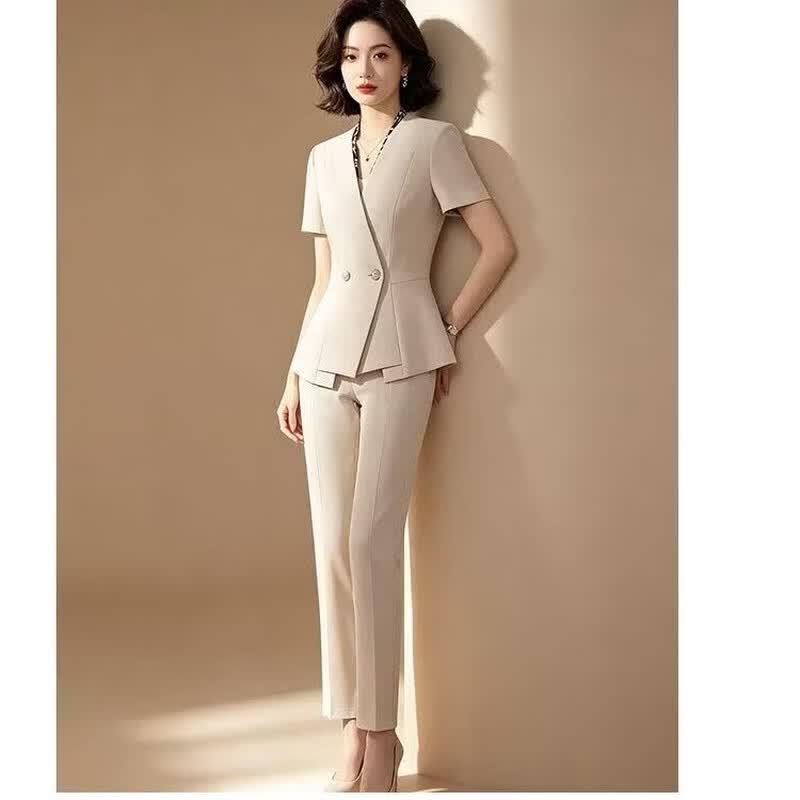 Women's V-Neck Short Sleeve Blazer & Pants Set