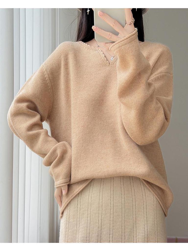 Women's 100% Wool V-Neck Lace Knit Pullover - Long Sleeve, Solid Color, Loose Fit Sweater for Autumn/Winter