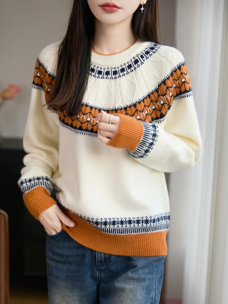 Women's Fair Isle Jacquard Knit Wool Sweater, Retro Round Neck, Long Sleeve, Thickened and Warm Base Layer.