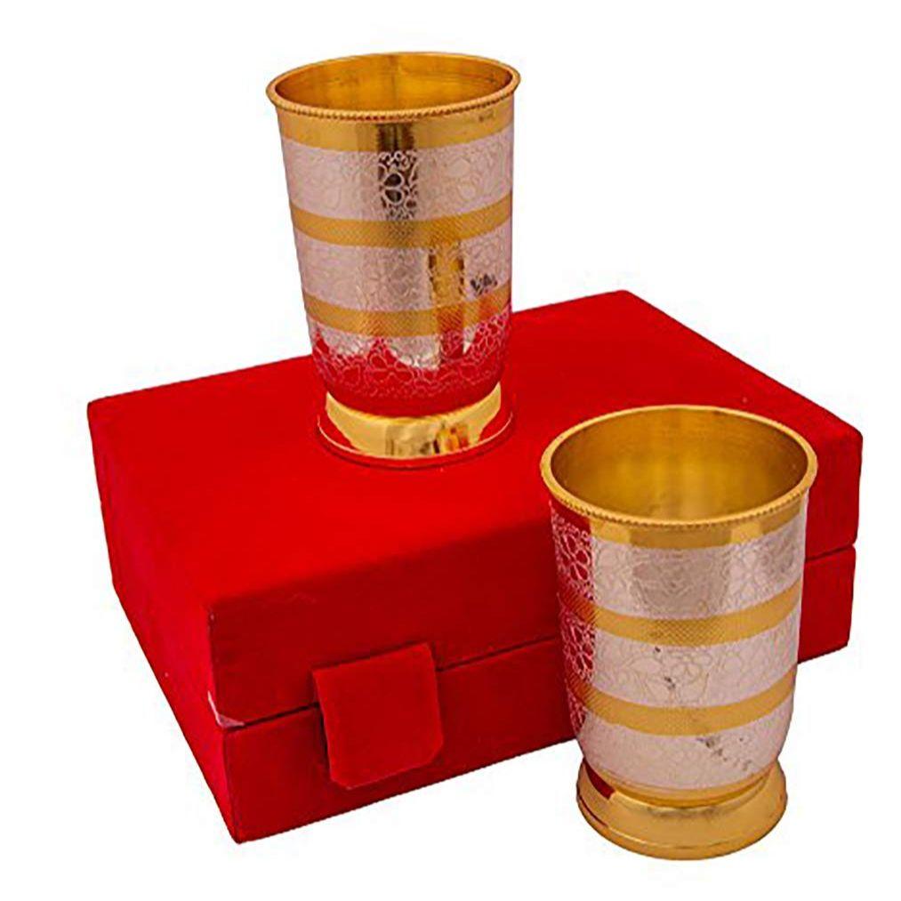 Handmade Silver and Gold Plated Brass Water Glass Set for Diwali Gift