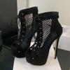 Spring Autumn Peep Toe Zip Mesh Ankle Boots Women Pumps Fashion Corss Lace Up Platform High Heels Stripper Pole Dance Shoe